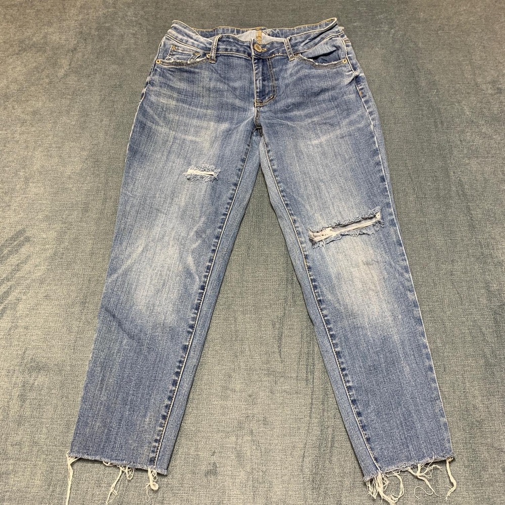 Maurices Jeans Womens 4 28x25 Blue Denim Stretch Frayed Hem Distressed Straight